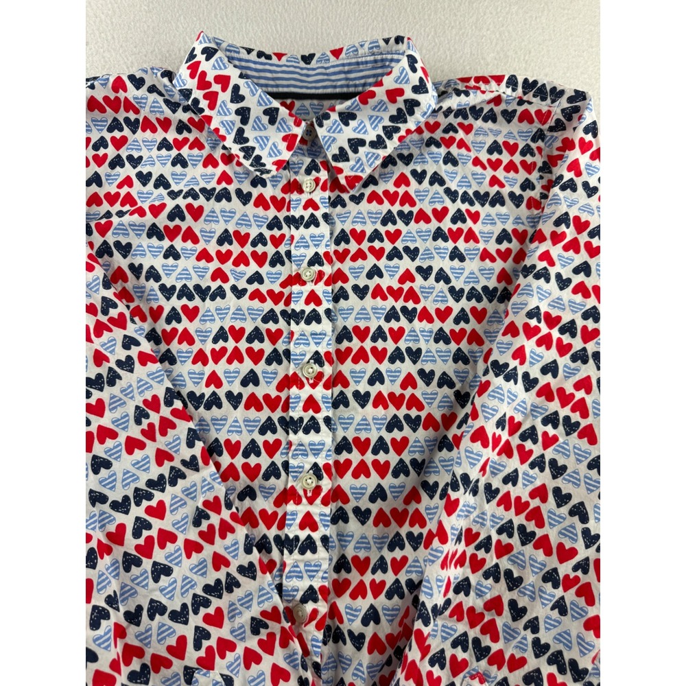 Talbots Womens Small Red Navy Blue Heart Print Cotton Button Down Shirt Blouse - Picture 3 of 9